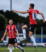27 July 2023; Will Patching of Derry City celebrates after scoring his side's first goal during the UEFA Europa Conference League Second Qualifying Round First Leg match between Derry City and KuPS at the Ryan McBride Brandywell Stadium in Derry. Photo by John Sheridan/Sportsfile