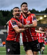 27 July 2023; Cian Kavanagh of Derry City, right, celebrates with teammate Michael Duffy after scoring their side's second goal during the UEFA Europa Conference League Second Qualifying Round First Leg match between Derry City and KuPS at the Ryan McBride Brandywell Stadium in Derry. Photo by David Fitzgerald/Sportsfile