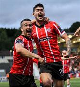 27 July 2023; Cian Kavanagh of Derry City, right, celebrates with teammate Michael Duffy after scoring their side's second goal during the UEFA Europa Conference League Second Qualifying Round First Leg match between Derry City and KuPS at the Ryan McBride Brandywell Stadium in Derry. Photo by David Fitzgerald/Sportsfile