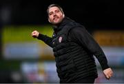 27 July 2023; Derry City head coach Ruaidhrí Higgins celebrates after the UEFA Europa Conference League Second Qualifying Round First Leg match between Derry City and KuPS at the Ryan McBride Brandywell Stadium in Derry. Photo by David Fitzgerald/Sportsfile