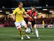 27 July 2023; Taneli Hämäläinen of KuPS in action against Ronan Boyce of Derry City during the UEFA Europa Conference League Second Qualifying Round First Leg match between Derry City and KuPS at the Ryan McBride Brandywell Stadium in Derry. Photo by John Sheridan/Sportsfile