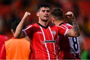 27 July 2023; Cian Kavanagh of Derry City celebrates after the UEFA Europa Conference League Second Qualifying Round First Leg match between Derry City and KuPS at the Ryan McBride Brandywell Stadium in Derry. Photo by David Fitzgerald/Sportsfile