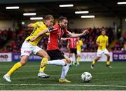 27 July 2023; Paul McMullan of Derry City in action against Taneli Hämäläinen of KuPS during the UEFA Europa Conference League Second Qualifying Round First Leg match between Derry City and KuPS at the Ryan McBride Brandywell Stadium in Derry. Photo by John Sheridan/Sportsfile