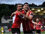 27 July 2023; Cian Kavanagh of Derry City, right, celebrates with teammate Michael Duffy after scoring their side's second goal during the UEFA Europa Conference League Second Qualifying Round First Leg match between Derry City and KuPS at the Ryan McBride Brandywell Stadium in Derry. Photo by David Fitzgerald/Sportsfile
