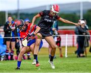 27 July 2023; Vanessa Chaton of Canada, right, in action against Aidan Blair of USA Warriors during day four of the FRS Recruitment GAA World Games 2023 at the Owenbeg Centre of Excellence in Dungiven, Derry. Photo by Piaras Ó Mídheach/Sportsfile