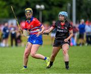 27 July 2023; Jessica Frey of USA Warriors, left, in action against Orla Mahon of Canada during day four of the FRS Recruitment GAA World Games 2023 at the Owenbeg Centre of Excellence in Dungiven, Derry. Photo by Piaras Ó Mídheach/Sportsfile