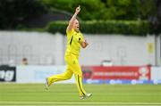 28 July 2023; Australia bowler Kim Garth celebrates taking the wicket of Ireland's Amy Hunter during match three of the Certa Women’s One Day International Challenge series between Ireland and Australia at Castle Avenue Cricket Ground in Dublin. Photo by Seb Daly/Sportsfile