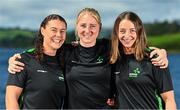 28 July 2023; Alison Bergin, left, Sanita Puspure and Zoe Hyde, right, pose for a portrait during a Rowing Ireland media day at the National Rowing Centre in Farran Woods, Cork. Photo by Eóin Noonan/Sportsfile