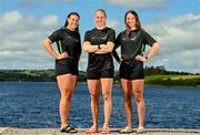 28 July 2023; Alison Bergin, left, Sanita Puspure and Zoe Hyde, right, pose for a portrait during a Rowing Ireland media day at the National Rowing Centre in Farran Woods, Cork. Photo by Eóin Noonan/Sportsfile
