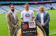 28 July 2023; Galway footballer Shane Walsh, centre, with CEO and Founder of Nutriquick Dean Siney, left, and Director of Nutriquick Tom Gannon at the NutriQuick GAA/GPA Product Endorsement Partnership launch at Croke Park in Dublin. Photo by David Fitzgerald/Sportsfile