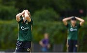 28 July 2023; Ireland bowler Georgina Dempsey reacts after dropping a catch during match three of the Certa Women’s One Day International Challenge series between Ireland and Australia at Castle Avenue Cricket Ground in Dublin. Photo by Seb Daly/Sportsfile