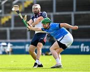 28 July 2023; Paudie Kyne of New York in action against Padraig Lyons of Pearse Óg San Francisco during the Hurling International Cup Final Séamus Howlin Cup on day five of the FRS Recruitment GAA World Games 2023 at Celtic Park in Derry. Photo by Piaras Ó Mídheach/Sportsfile
