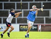 28 July 2023; Cormac Lyons of Pearse Óg San Francisco in action against Pat Brennan of New York during the Hurling International Cup Final Séamus Howlin Cup on day five of the FRS Recruitment GAA World Games 2023 at Celtic Park in Derry. Photo by Piaras Ó Mídheach/Sportsfile
