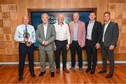 28 July 2023; Lifetime Achievement Award recipient Mickey Whelan, left, with former Dublin footballers, from left to right, Tony Hanahoe, Barney Rock, John O'Leary, Paul Flynn and Jonny Cooper, during the GPA Football Legends lunch at Croke Park in Dublin. Photo by Ramsey Cardy/Sportsfile