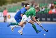 28 July 2023; Sam Hyland of Ireland in action against Struan Walker of Scotland during the Men's EuroHockey Championship Qualifier semi final match between Ireland and Scotland at the Sport Ireland Campus in Dublin. Photo by David Fitzgerald/Sportsfile