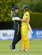 28 July 2023; Gaby Lewis of Ireland and Annabel Sutherland of Australia after match three of the Certa Women’s One Day International Challenge series between Ireland and Australia at Castle Avenue Cricket Ground in Dublin. Photo by Seb Daly/Sportsfile
