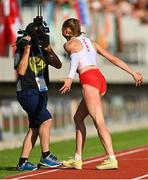 28 July 2023; Olga Szlachta of Team Poland celebrates to a camera operator after finishing second in the girls triple jump final during day five of the 2023 Summer European Youth Olympic Festival at Poljane Athletics Stadium in Maribor, Slovenia. Photo by Tyler Miller/Sportsfile
