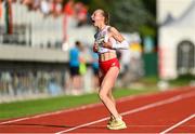 28 July 2023; Olga Szlachta of Team Poland celebrates after finishing second in the girls triple jump final during day five of the 2023 Summer European Youth Olympic Festival at Poljane Athletics Stadium in Maribor, Slovenia. Photo by Tyler Miller/Sportsfile