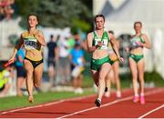28 July 2023; Katie Doherty of Team Ireland, right, competes in the girl's medley relay during day five of the 2023 Summer European Youth Olympic Festival at Poljane Athletics Stadium in Maribor, Slovenia. Photo by Tyler Miller/Sportsfile