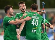 28 July 2023; Ben Johnson of Ireland, 40, celebrates teammates after scoring their side's second goal during the Men's EuroHockey Championship Qualifier semi final match between Ireland and Scotland at the Sport Ireland Campus in Dublin. Photo by David Fitzgerald/Sportsfile