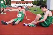 28 July 2023; Jason O'Reilly of Team Ireland, left, after competing in the boy's medley relay during day five of the 2023 Summer European Youth Olympic Festival at Poljane Athletics Stadium in Maribor, Slovenia. Photo by Tyler Miller/Sportsfile