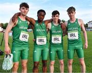 28 July 2023; Team Ireland athletes, from left, Davey Davitt, Jesse Osas, Donal Martin, and Jason O'Reilly after competing in the boy's medley relay during day five of the 2023 Summer European Youth Olympic Festival at Poljane Athletics Stadium in Maribor, Slovenia. Photo by Tyler Miller/Sportsfile