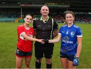 28 July 2023; Referee Eoghan O'Neill and team captains Katie Mai Reilly of Cavan and Aisling O'Sullivan of Cork before the LGFA All-Ireland U16 A Championship final replay match between Cork and Cavan at TUS Gaelic Grounds in Limerick. Photo by Michael P Ryan/Sportsfile