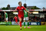 28 July 2023; Harry Wood of Shelbourne celebrates after scoring his side's first goal during the SSE Airtricity Men's Premier Division match between Cork City and Shelbourne at Turner's Cross in Cork. Photo by Eóin Noonan/Sportsfile