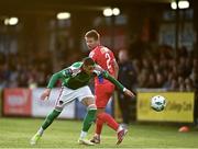 28 July 2023; Jaze Kabia of Cork City in action against John Ross Wilson of Shelbourne during the SSE Airtricity Men's Premier Division match between Cork City and Shelbourne at Turner's Cross in Cork. Photo by Eóin Noonan/Sportsfile