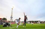 28 July 2023; Brendan Barr of UCD in action against Danny Grant of Bohemians during the SSE Airtricity Men's Premier Division match between Bohemians and UCD at Dalymount Park in Dublin. Photo by Ramsey Cardy/Sportsfile