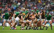 23 July 2023; Players from both sides contest possession of a loose sliotar during the GAA Hurling All-Ireland Senior Championship final match between Kilkenny and Limerick at Croke Park in Dublin. Photo by Brendan Moran/Sportsfile
