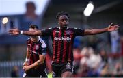 28 July 2023; Jonathan Afolabi of Bohemians celebrates after scoring his side's first goal, from a penalty, during the SSE Airtricity Men's Premier Division match between Bohemians and UCD at Dalymount Park in Dublin. Photo by Ramsey Cardy/Sportsfile