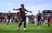 28 July 2023; Jonathan Afolabi of Bohemians celebrates after scoring his side's first goal, from a penalty, during the SSE Airtricity Men's Premier Division match between Bohemians and UCD at Dalymount Park in Dublin. Photo by Ramsey Cardy/Sportsfile