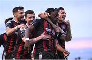 28 July 2023; Jonathan Afolabi of Bohemians celebrates after scoring his side's first goal, from a penalty, during the SSE Airtricity Men's Premier Division match between Bohemians and UCD at Dalymount Park in Dublin. Photo by Ramsey Cardy/Sportsfile