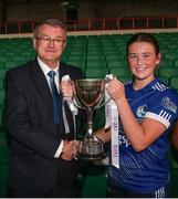 28 July 2023; Cavan captain Katie Mai Reilly receives the cup from Con Moynihan, President Connacht LGFA, following the LGFA All-Ireland U16 A Championship final replay match between Cork and Cavan at TUS Gaelic Grounds in Limerick. Photo by Michael P Ryan/Sportsfile