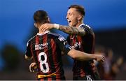 28 July 2023; Danny Grant, right, and Ali Coote of Bohemians celebrate after the SSE Airtricity Men's Premier Division match between Bohemians and UCD at Dalymount Park in Dublin. Photo by Ramsey Cardy/Sportsfile