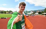 29 July 2023; Cian Crampton of Team Ireland celebrates after winning bronze in the boys discus throw final during day six of the 2023 Summer European Youth Olympic Festival at Poljane Athletics Stadium in Maribor, Slovenia. Photo by Tyler Miller/Sportsfile