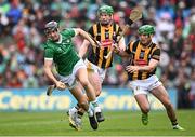 23 July 2023; Diarmaid Byrnes of Limerick in action against Eoin Cody of Kilkenny during the GAA Hurling All-Ireland Senior Championship final match between Kilkenny and Limerick at Croke Park in Dublin. Photo by Ramsey Cardy/Sportsfile