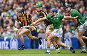 23 July 2023; Tom Phelan of Kilkenny in action against Mike Casey of Limerick during the GAA Hurling All-Ireland Senior Championship final match between Kilkenny and Limerick at Croke Park in Dublin. Photo by Ramsey Cardy/Sportsfile