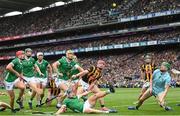 23 July 2023; Players from both teams wait for the sliotar to land during the GAA Hurling All-Ireland Senior Championship final match between Kilkenny and Limerick at Croke Park in Dublin. Photo by Ramsey Cardy/Sportsfile