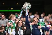23 July 2023; Limerick selector Paul Kinnerk, with wife Maggie, and their children Paul, 4 weeks, and Enya, age 4, lifts the Liam MacCarthy Cup after the GAA Hurling All-Ireland Senior Championship final match between Kilkenny and Limerick at Croke Park in Dublin. Photo by Ramsey Cardy/Sportsfile