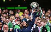 23 July 2023; Limerick performance psychologist Caroline Currid lifts the Liam MacCarthy Cup after the GAA Hurling All-Ireland Senior Championship final match between Kilkenny and Limerick at Croke Park in Dublin. Photo by Ramsey Cardy/Sportsfile
