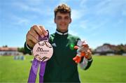 29 July 2023; Cian Crampton of Team Ireland celebrates with his bronze medal after finishing third in the boys discus throw final during day six of the 2023 Summer European Youth Olympic Festival at Poljane Athletics Stadium in Maribor, Slovenia. Photo by Tyler Miller/Sportsfile