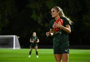 29 July 2023; Jamie Finn carries an australian rules football during a Republic of Ireland training session at Meakin Park in Brisbane, Australia, ahead of their final Group B match of the FIFA Women's World Cup 2023, against Nigeria. Photo by Stephen McCarthy/Sportsfile