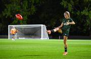 29 July 2023; Jamie Finn kicks an australian rules football during a Republic of Ireland training session at Meakin Park in Brisbane, Australia, ahead of their final Group B match of the FIFA Women's World Cup 2023, against Nigeria. Photo by Stephen McCarthy/Sportsfile