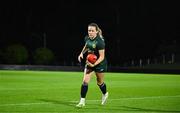 29 July 2023; Harriet Scott carries an australian rules football during a Republic of Ireland training session at Meakin Park in Brisbane, Australia, ahead of their final Group B match of the FIFA Women's World Cup 2023, against Nigeria. Photo by Stephen McCarthy/Sportsfile