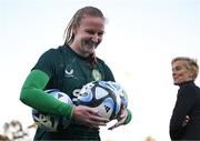 29 July 2023; Goalkeeper Courtney Brosnan and manager Vera Pauw during a Republic of Ireland training session at Meakin Park in Brisbane, Australia, ahead of their final Group B match of the FIFA Women's World Cup 2023, against Nigeria. Photo by Stephen McCarthy/Sportsfile