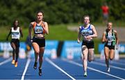 29 July 2023; Alana Ryan of Sli Cualann AC, Wicklow, centre left, and Janine Boyle of Finn Valley AC, Donegal, compete in the women's 200m heats during day one of the 123.ie National Senior Outdoor Championships at Morton Stadium in Dublin. Photo by Sam Barnes/Sportsfile