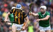 23 July 2023; Huw Lawlor of Kilkenny in action against Aaron Gillane of Limerick during the GAA Hurling All-Ireland Senior Championship final match between Kilkenny and Limerick at Croke Park in Dublin. Photo by Piaras Ó Mídheach/Sportsfile