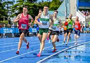 29 July 2023; Frank O'Brien of East Cork AC, Cork, left, and Cillian Kirwan of Raheny Shamrock AC, Dublin, lead the pack in the men's  800m during day one of the 123.ie National Senior Outdoor Championships at Morton Stadium in Dublin. Photo by Stephen Marken/Sportsfile